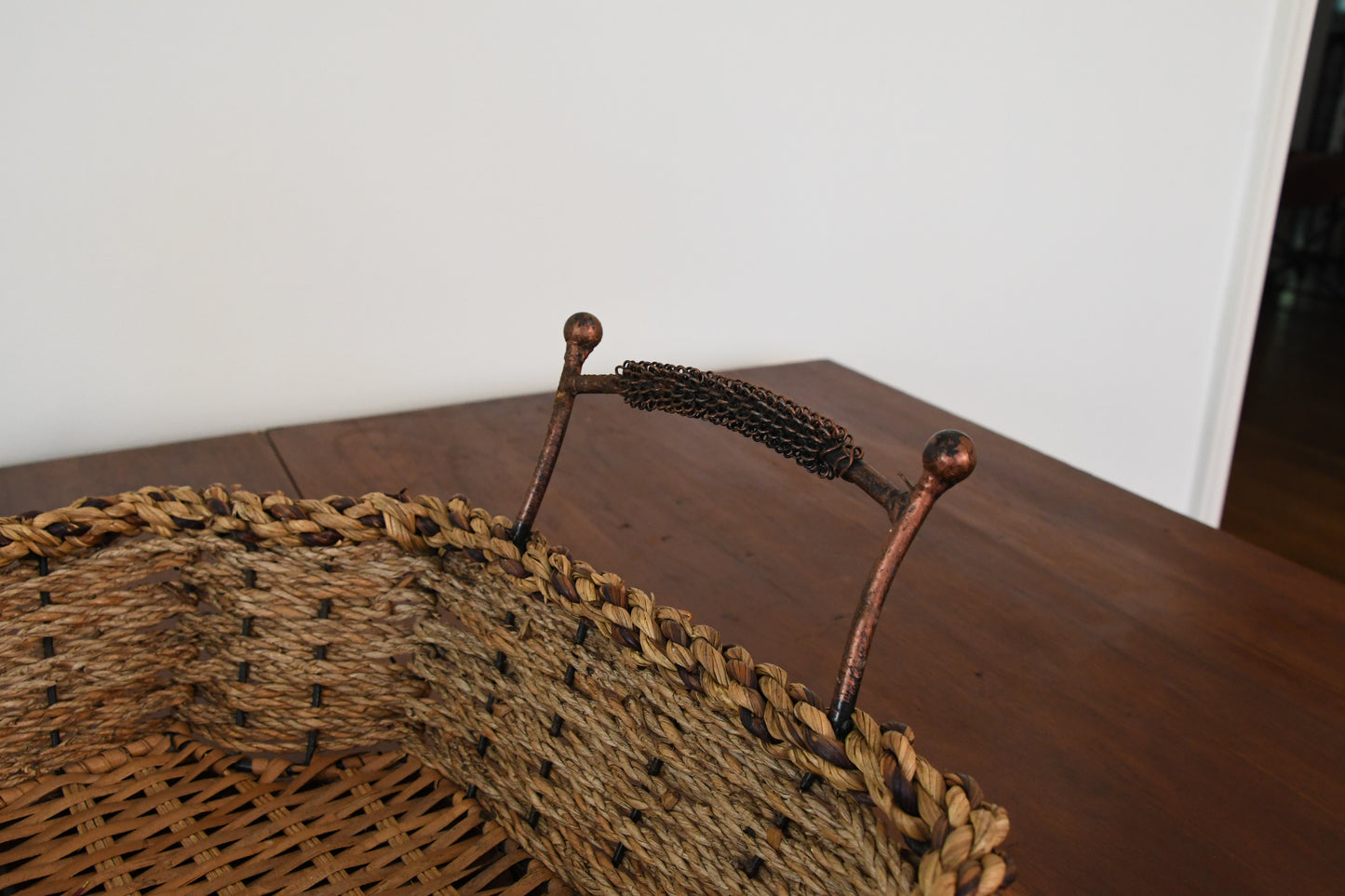 Vintage Woven Tray with Copper Handles