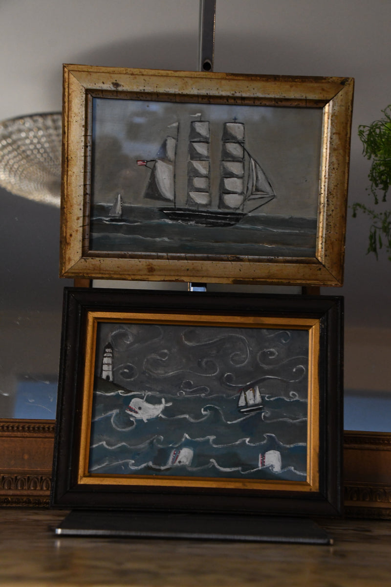 Miniature New England Folk Art Original Painting of Whales, Ship and Lighthouse