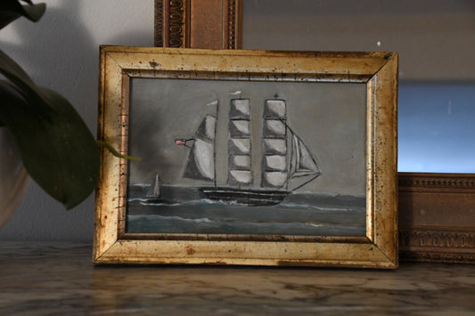 Miniature New England Folk Art Original Painting of Clipper Ship with Flag