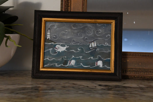 Miniature New England Folk Art Original Painting of Whales, Ship and Lighthouse