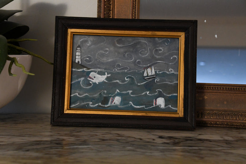 Miniature New England Folk Art Original Painting of Whales, Ship and Lighthouse