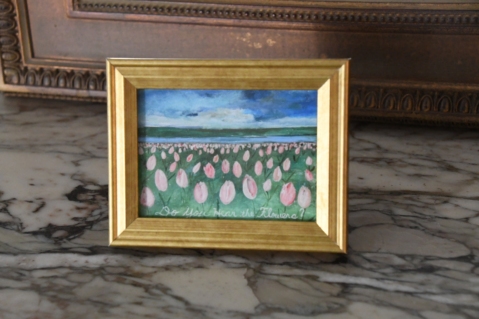 Miniature New England Folk Art Giclee Artwotk of Flowers in Field "Do you Hear the Flowers"?