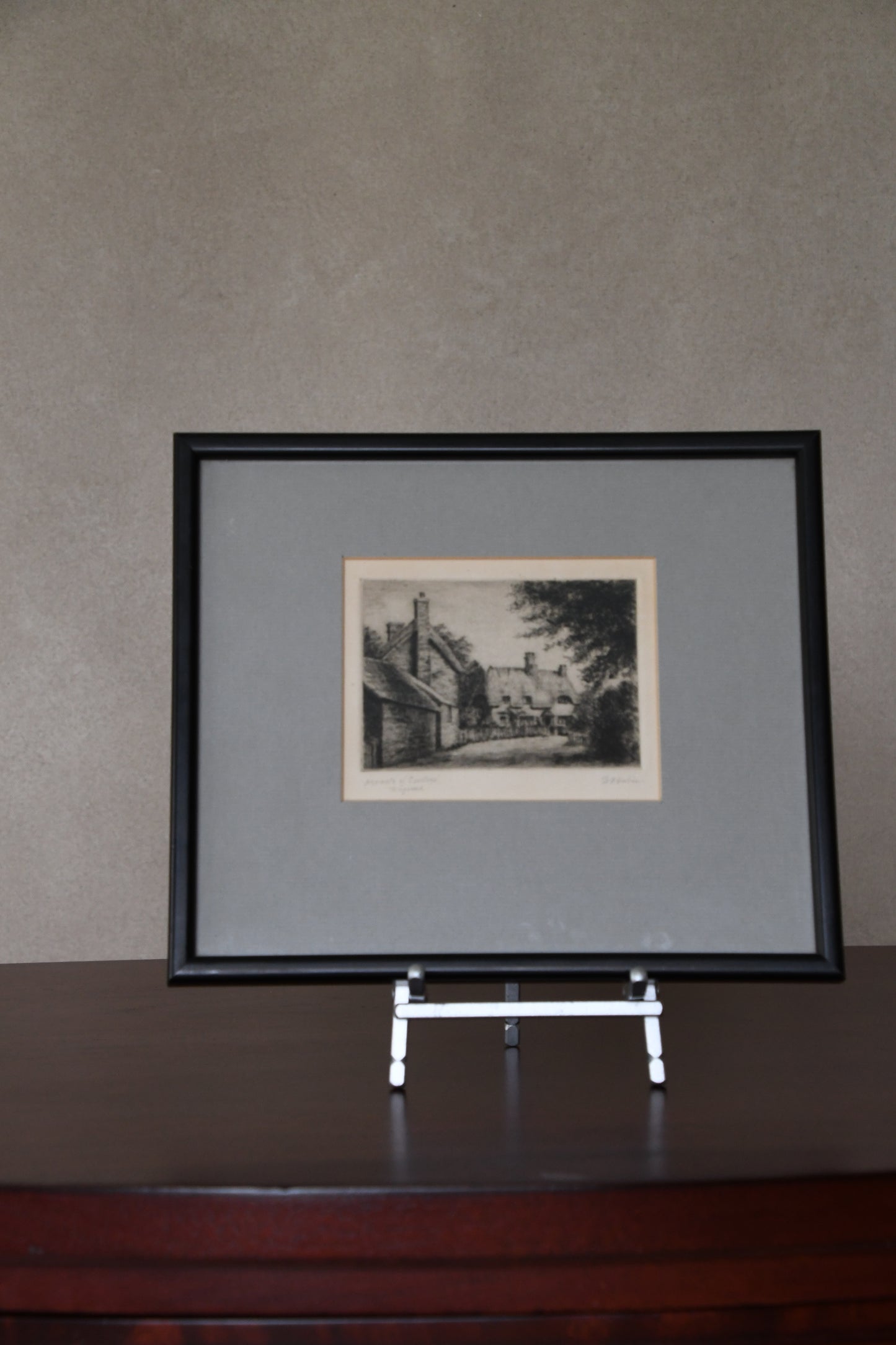Antique Black and White Etching of Cotswolds Village