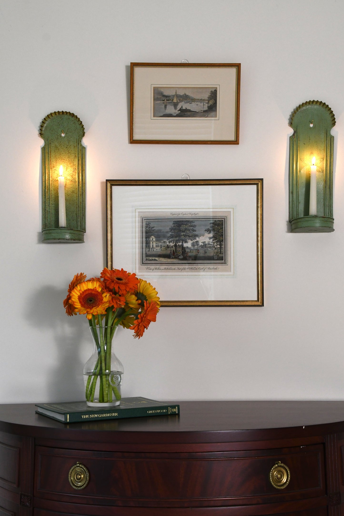 Pair of Vintage English Green Tole Wall Sconces