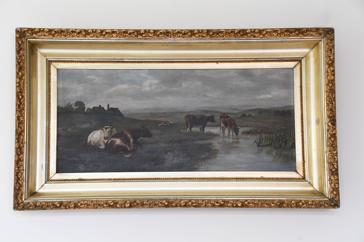 Vintage Cow's Creekside Oil Painting