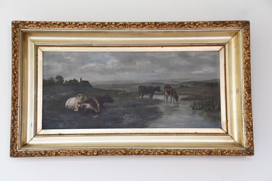 Vintage Cow's Creekside Oil Painting
