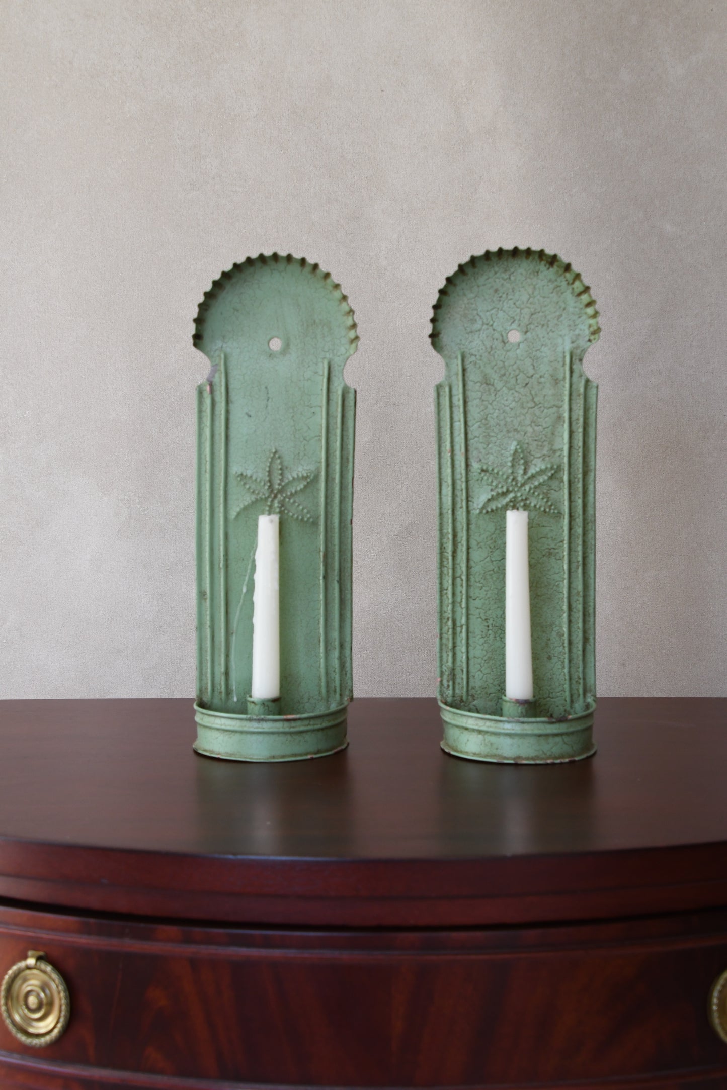 Pair of Vintage English Green Tole Wall Sconces