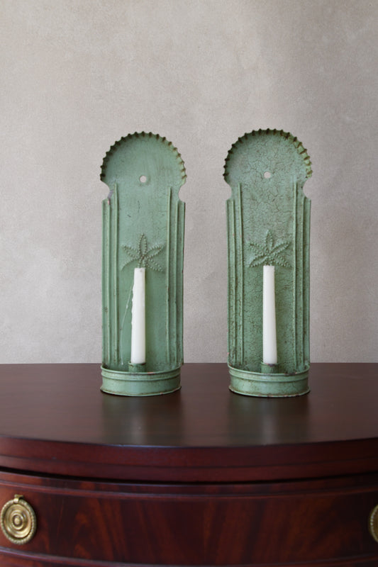 Pair of Vintage English Green Tole Wall Sconces