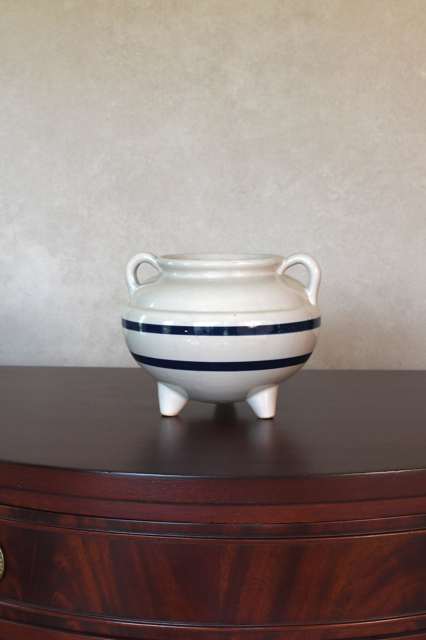Vintage White & Navy Striped Footed Vase with Handles