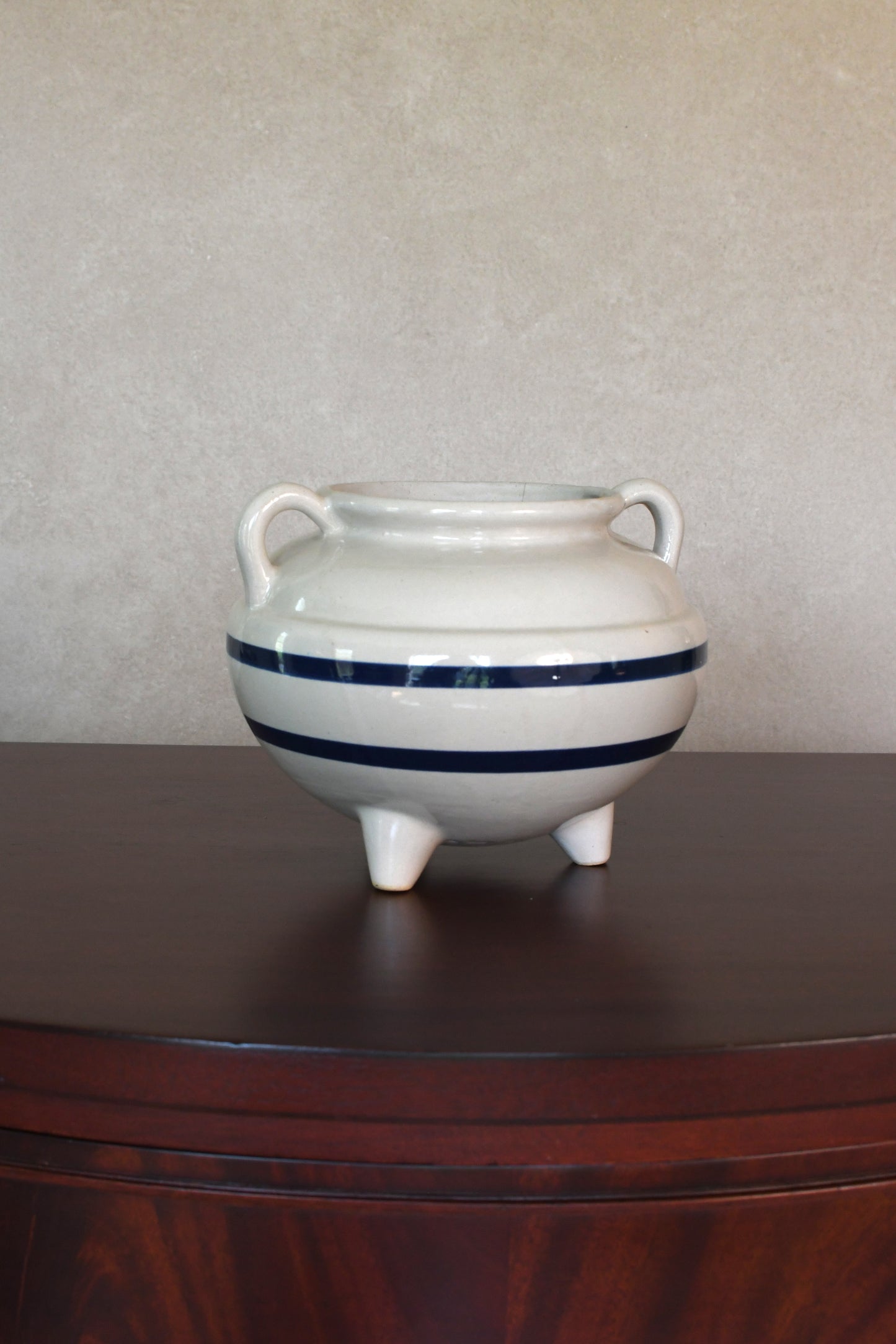 Vintage White & Navy Striped Footed Vase with Handles