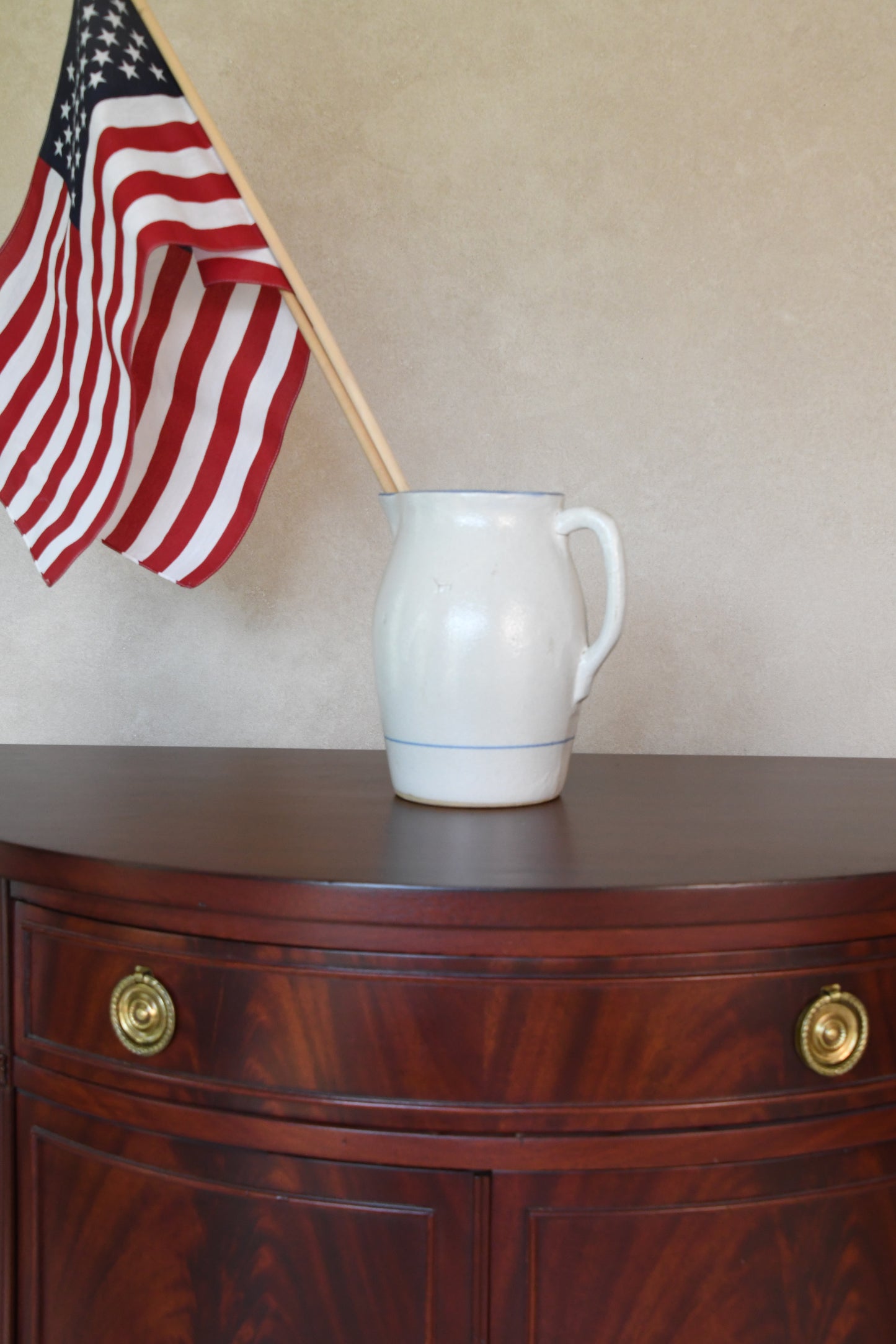 Vintage Stoneware Pitcher with Blue Banding