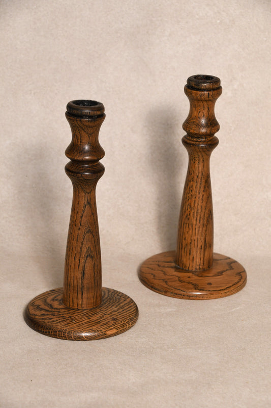 Pair of Vintage English Oak Candlesticks