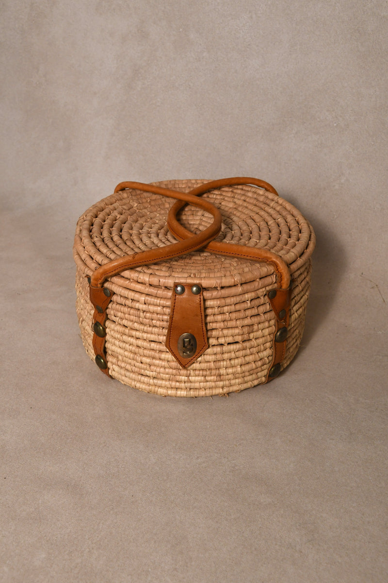 Vintage Rattan Picnic Basket with Leather Handles