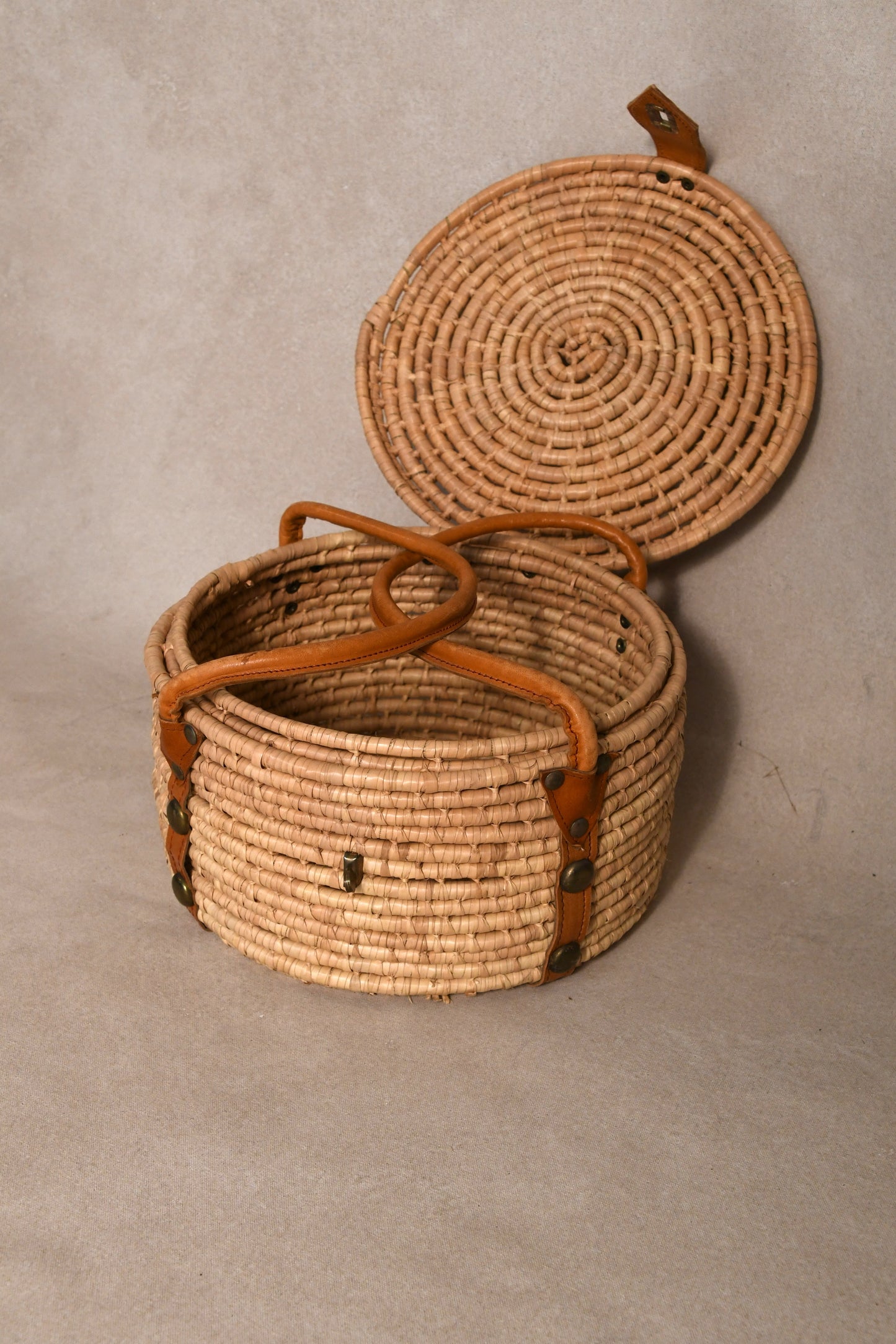 Vintage Rattan Picnic Basket with Leather Handles
