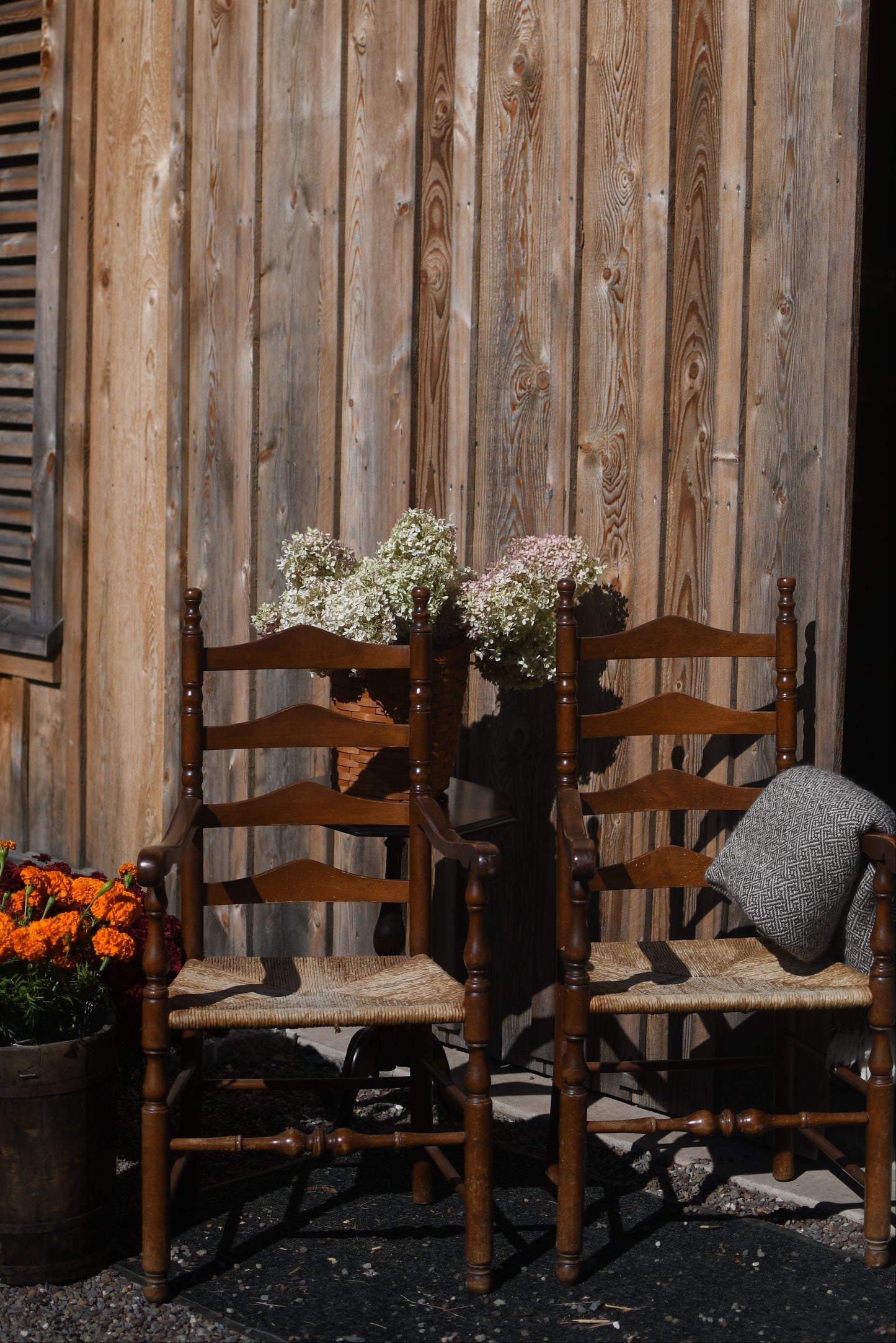Antique Ladder Back Captain Chairs with Rushed Seats - Set of 2