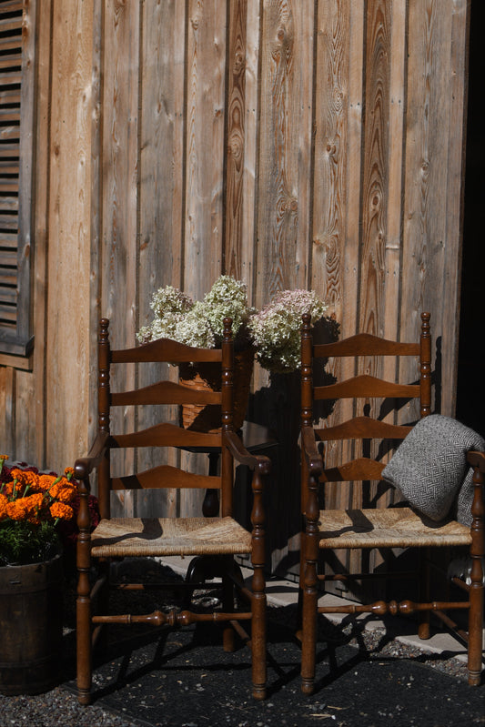 Antique Ladder Back Captain Chairs with Rushed Seats - Set of 2