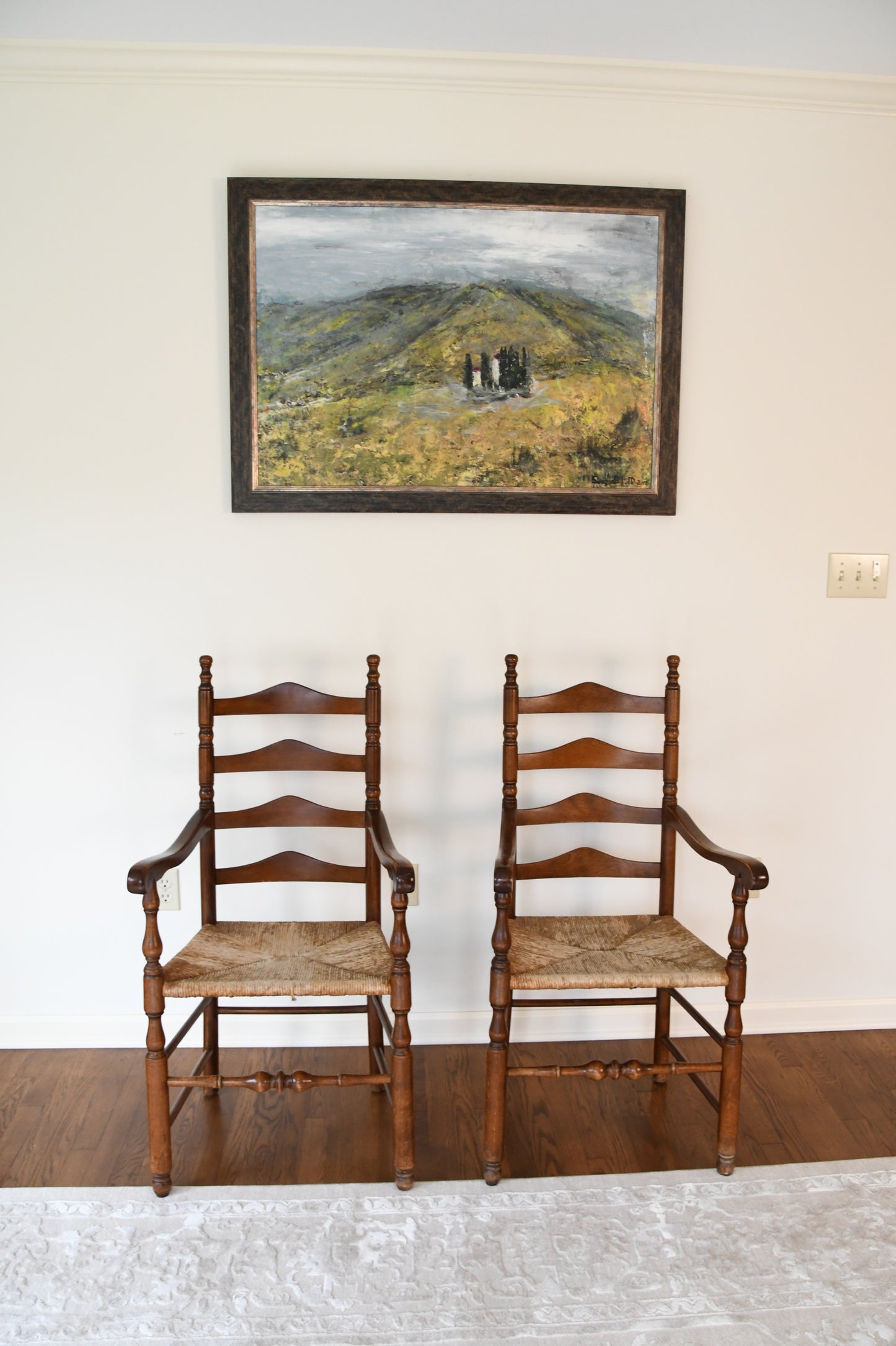 Antique Ladder Back Captain Chairs with Rushed Seats - Set of 2