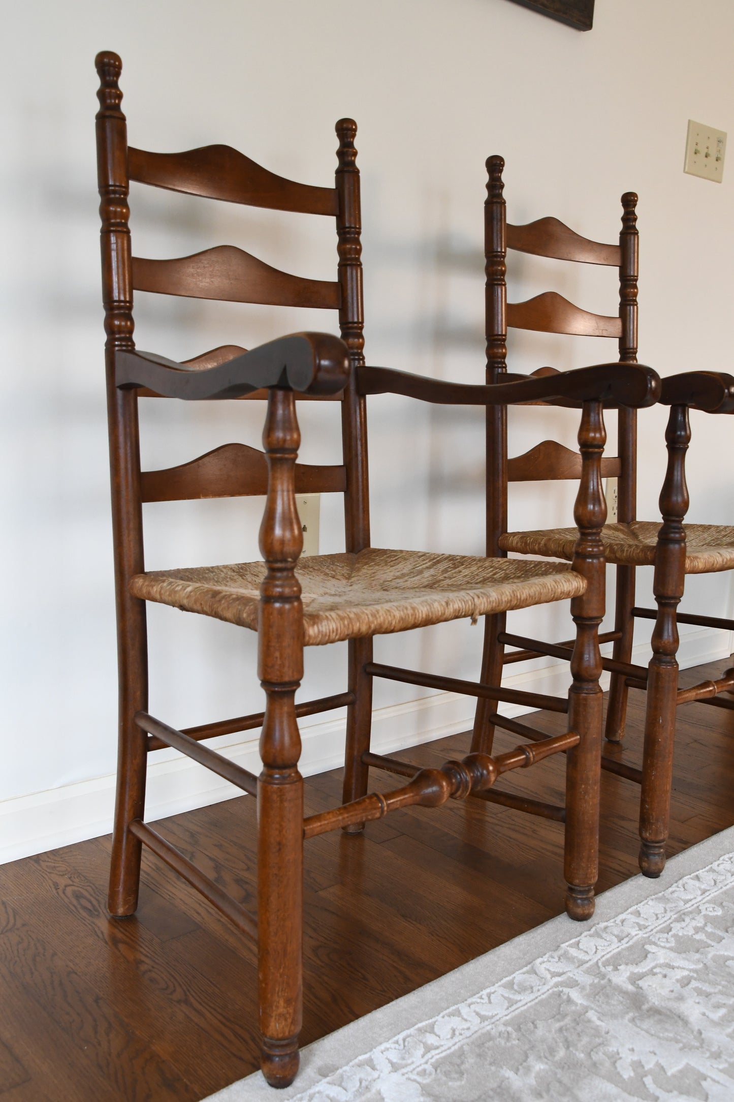 Antique Ladder Back Captain Chairs with Rushed Seats - Set of 2