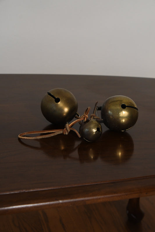 Vintage Set of Three Jingle Bells on Leather Rope