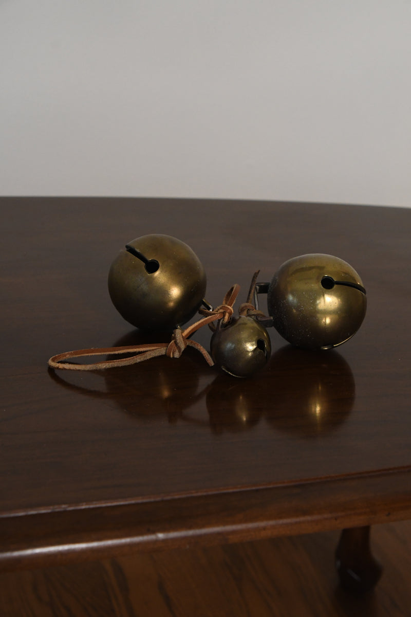 Vintage Set of Three Jingle Bells on Leather Rope