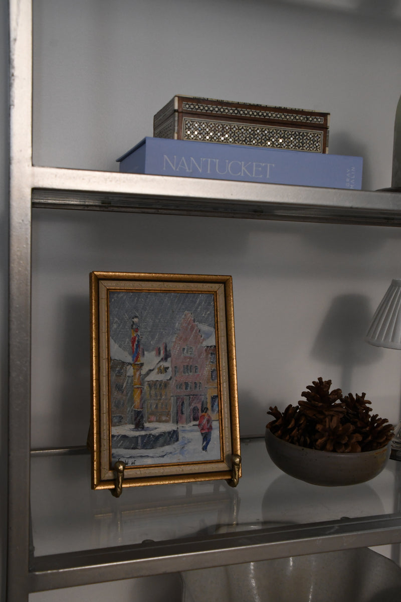 Vintage Framed Original Painting of City in Snow