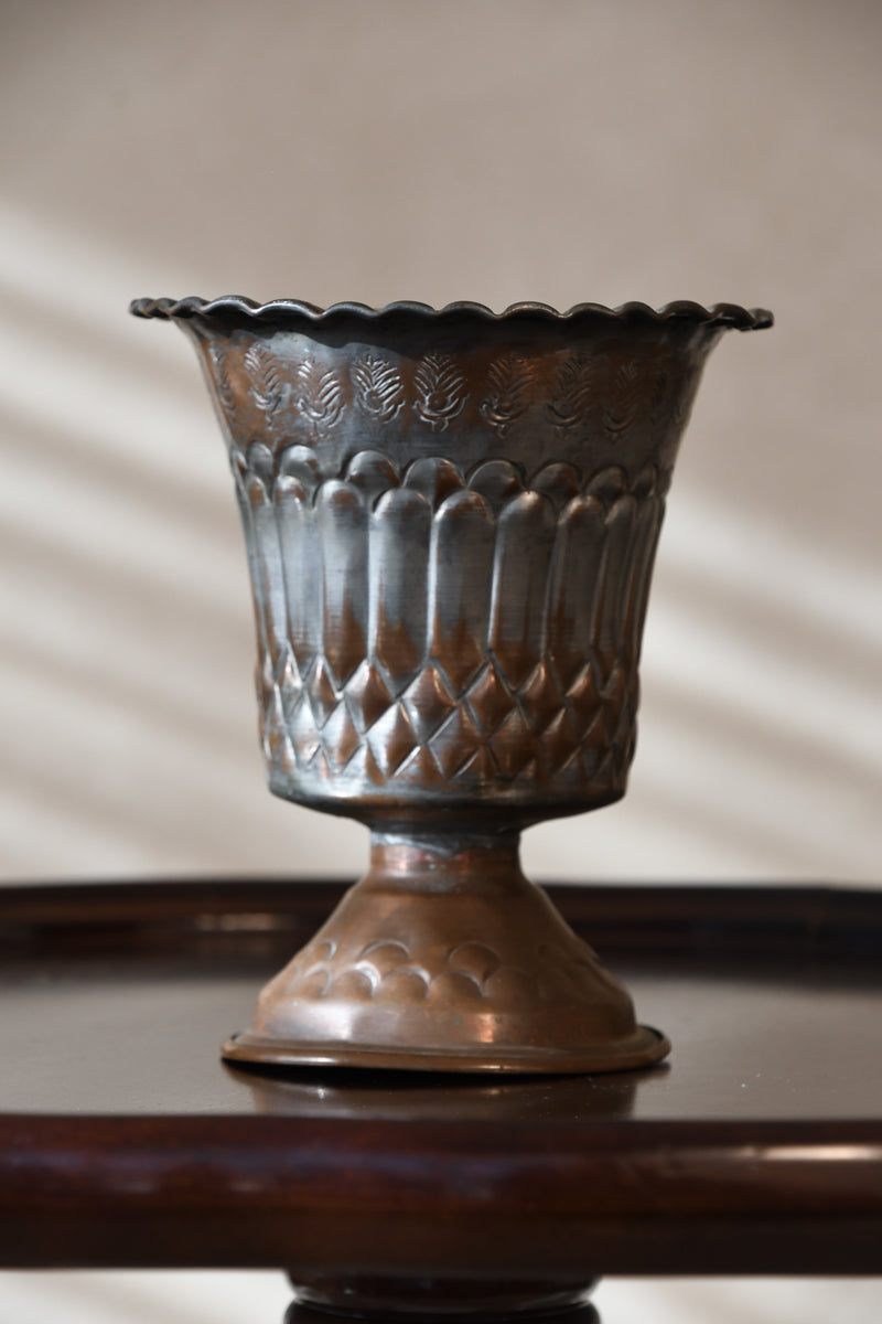 Vintage Egyptian Silver Washed Copper Footed Urn