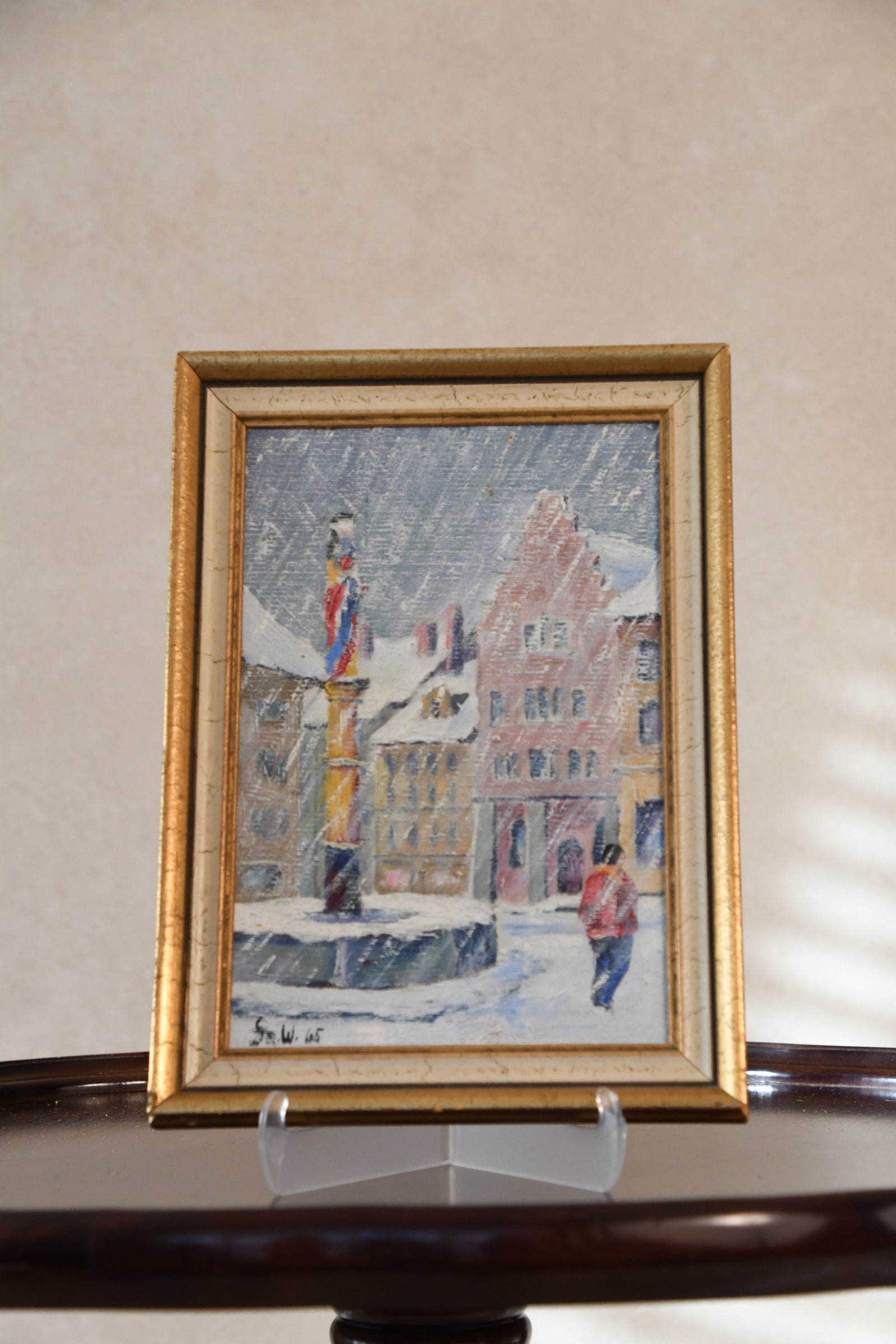 Vintage Framed Original Painting of City in Snow