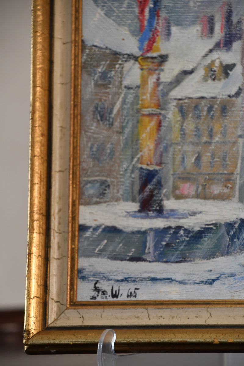 Vintage Framed Original Painting of City in Snow