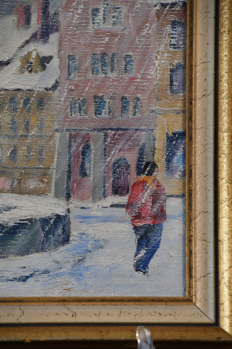 Vintage Framed Original Painting of City in Snow