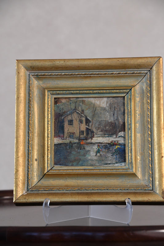 Antique Small Oil Painting of Children Skating on Frozen Pond