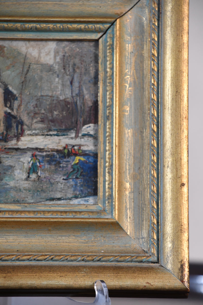 Antique Small Oil Painting of Children Skating on Frozen Pond