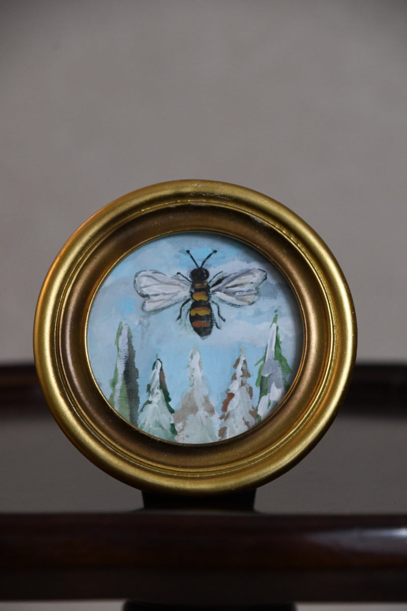Miniature New England Folk Art Painting of Bee with Evergreen Trees