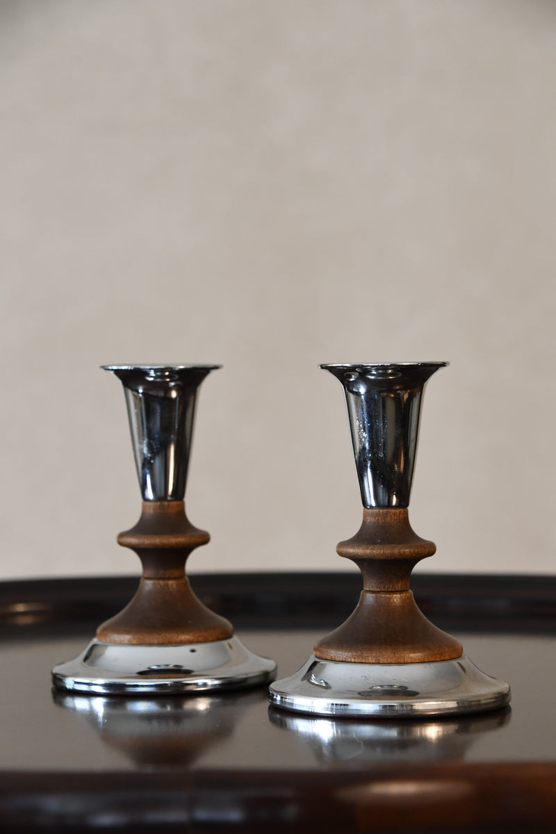 Vintage Kromex Stainless Steel and Walnut Candlesticks