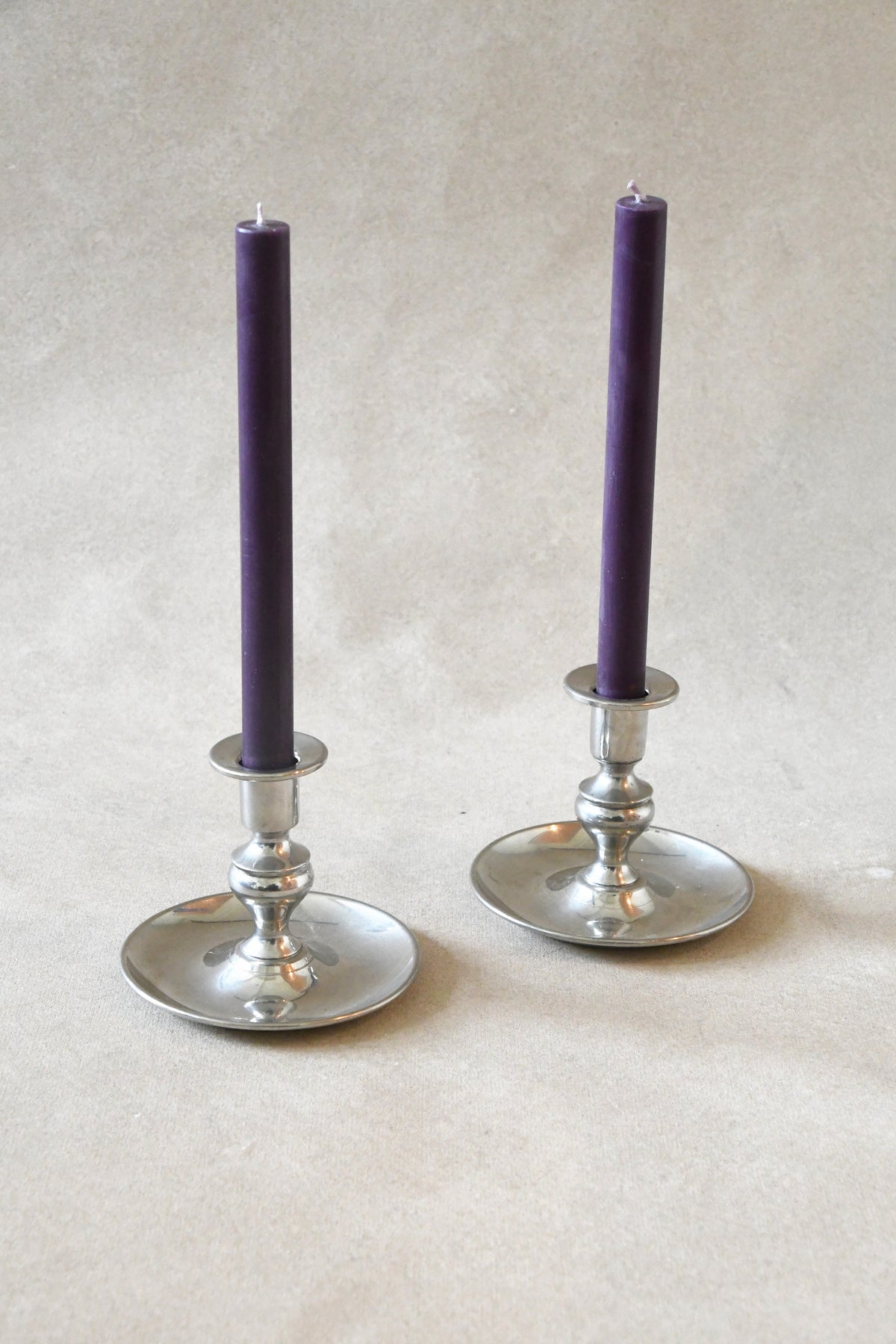 Vintage Pewter Chambersticks with taper candles