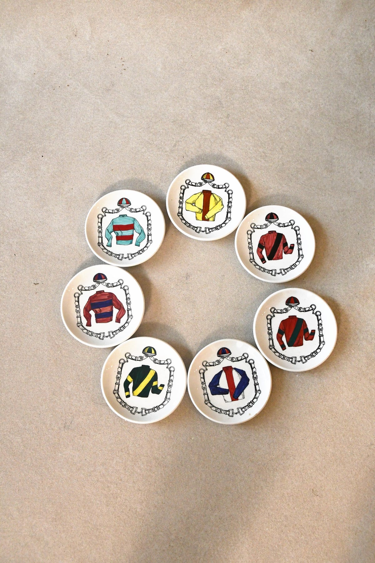 Vintage Italian Porcelain Jockey Silks Dishes – Set of 7