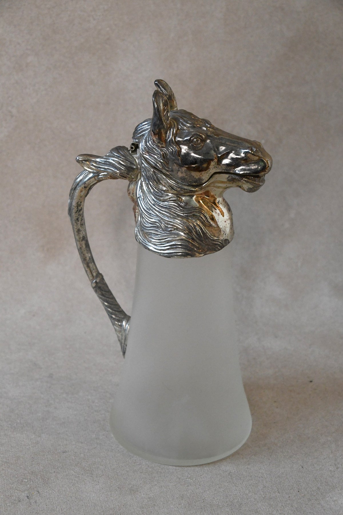 Vintage Silverplate Horse Head Pitcher with Frosted Glass
