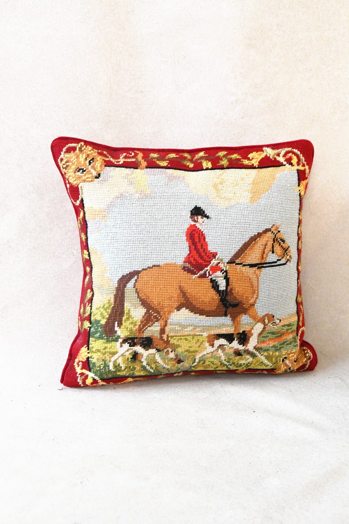 Vintage Equestrian Needlepoint Pillow