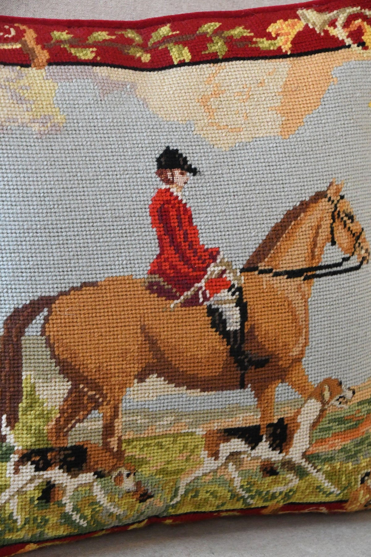 Vintage Equestrian Needlepoint Pillow