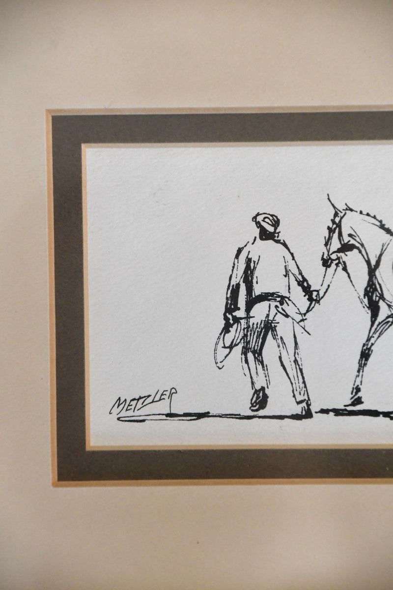 Metzler sketch of rider leading horse
