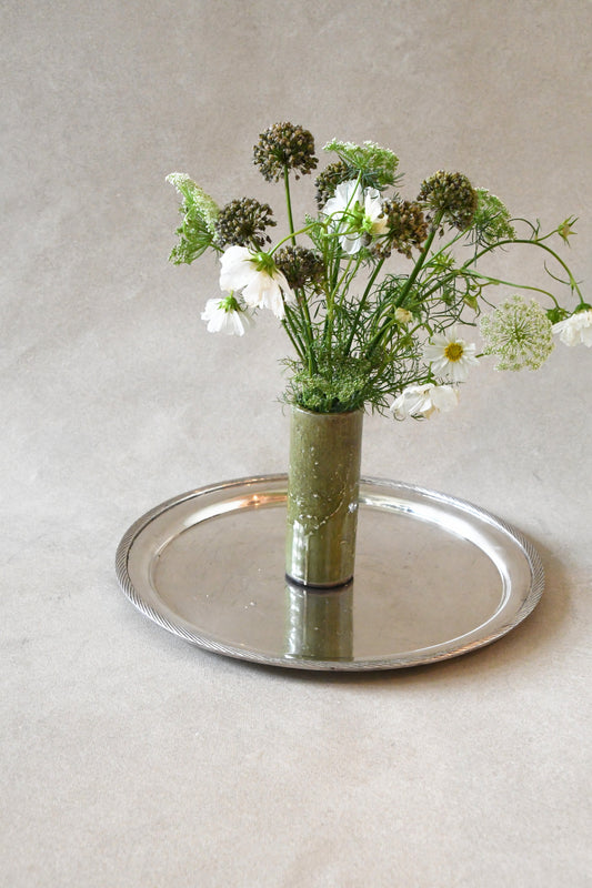 Large Vintage Round Silverplate Tray with Rope Edge, styled with a vase of flowers